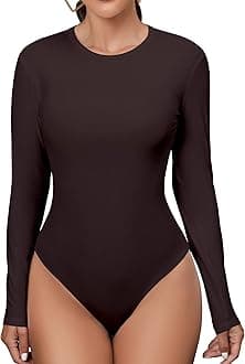 MANGDIUP Women's Bodysuit - Long Sleeve Round Neck Stretch Top Bodysuit Jumpsuit