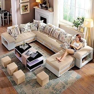 Poppins HOME Modern 6 Seater U Shaped Velvet Sectional Sofa for Classic Living Rooms Luxury Design Modular Fabric Set (Cream White)