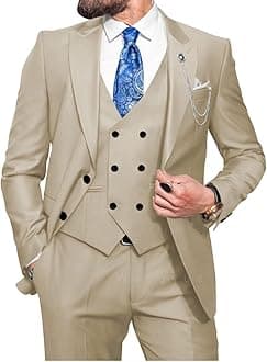 Wangyue Men Double Breasted Suit 3 Piece Slim Fit Suits Elegant Peak Lapel 2 Button Blazer Vest Pants Sets Men's Suits