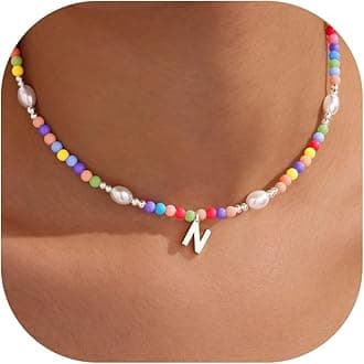 Colorful Initial Necklace for Girls – Trendy Dainty Beaded Choker with Letter Pendant, 14K Gold Plated, Cute Personalized Jewelry Gift for Kids, Teens, Women, Birthday, Christmas, Lockets