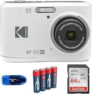 Pixpro FZ45 Digital Camera Bundle, Includes: SanDisk 64GB SDXC Memory Card, Spare Batteries and Card Reader (4 Items) (White)