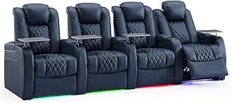 Home Theater Seating Top Grain Leather Zero Gravity Recliner Chair Power Headrest Recline Movie Seat Gaming 7 Colors Mood Light Sofa with Tray Table USB Charge Row of 4 Blue