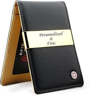 SotaniaPersonalized 24K Gold Genuine Leather Money Clips Mens Wallets slim Front Pocket Card Holder Minimalist Gift for Mens Groomsmen Gift (Black-Tan)