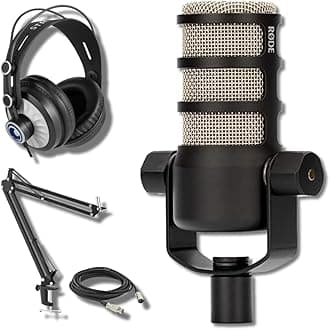 Rode PodMic Dynamic Podcast Microphone with StreamEye BOOMARM Mic Arm, Cans50 Podcast Headphones, XLR Cable and StreamEye Polishing Cloth