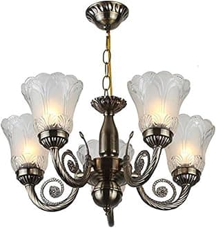 Somil Antique 5-Light Chandelier with Glass Shades, White Lighting Effect, Metal Fitting. LED Compatible. Dia: 46.5 X 46.5 X 48 Cm.