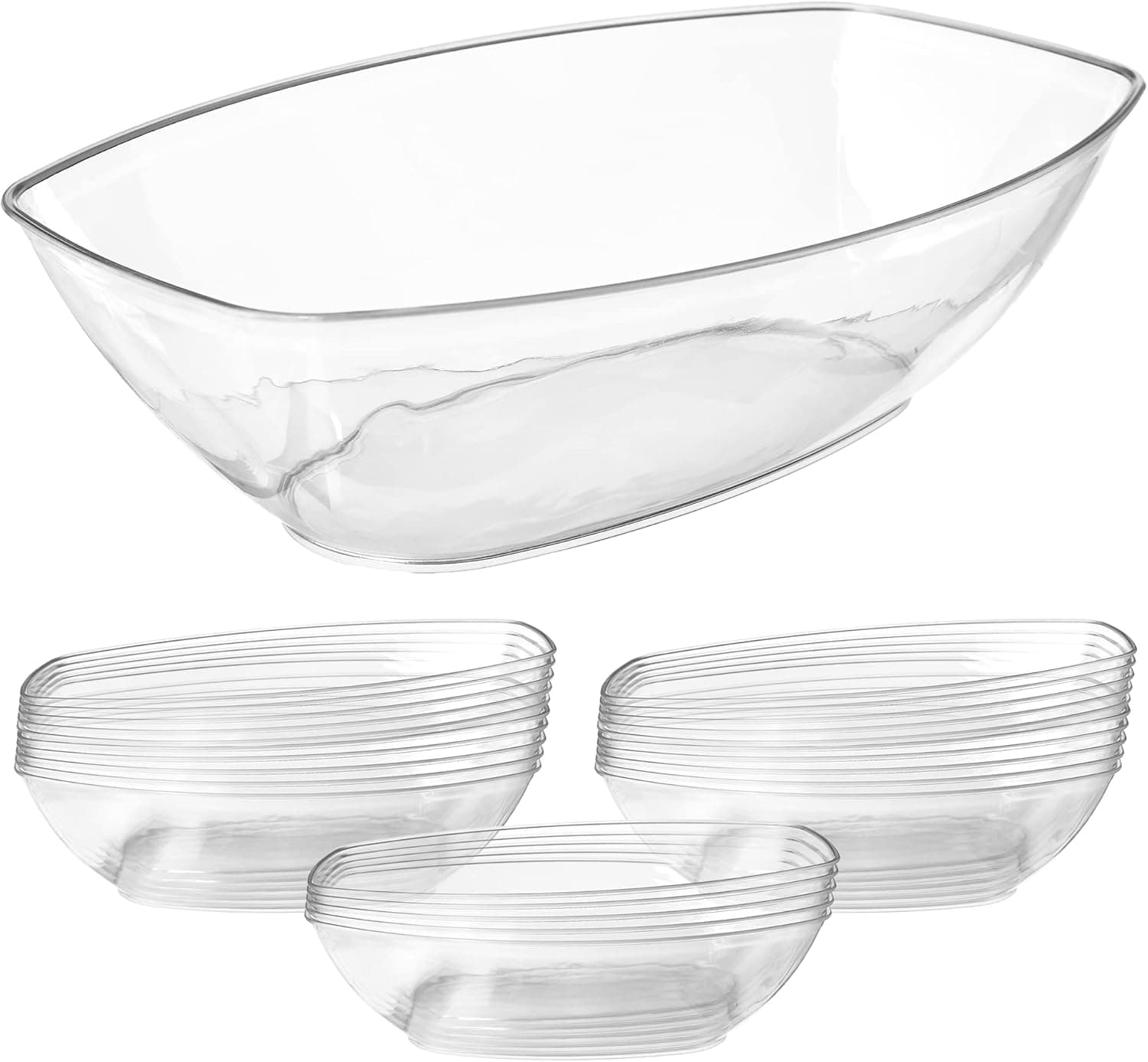 Prestee 12 Pack Clear Oval Plastic Disposable Serving Bowls (64 oz) - Disposable Party Dishes, Taco Bar Serving Set for a Party, Chip Bowls for Parties, Snack & Salad Containers, Candy Bowl