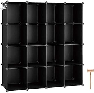 C&AHOME Cube Storage Organizer, 16-Cube Shelves Units, Plastic Storage Cubes, DIY Closet Organizer, Modular Closet Storage Shelves Ideal for Home, Bedroom, 48.4" L × 12.4" W × 48.4" H Black SUM3016H