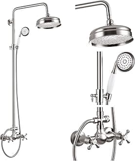 gotonovo Luxury Exposed Shower Faucet Set Bathroom Shower System 8 Inch Wall Mount Rainfall Shower Head with Handheld Spray Cross Double Handle Shower Fixture Adjustable Straight Rod Brushed Nickel