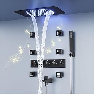 Thermostatic Rain Shower System, Black Multi Shower Head System with Body Jets, 23Inch Ceiling Mounted Full Body Rainfall Waterfall Shower System with Handheld, Tub Spout, LED Light and Music