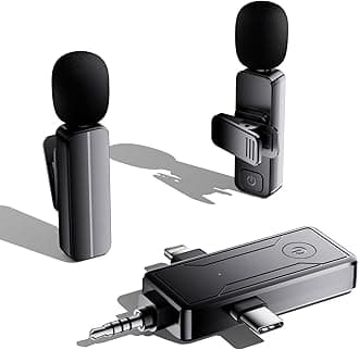 2-Pack Wireless Mini Lavalier Lapel Microphone for iPhone,Android Device(3 in 1) - 65ft Cordless Clip on Dual Mics with Noise Reduction 6H Working Time for Video Recording Vlogging, YouTube, Interview