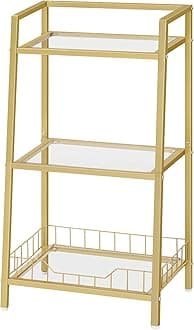 HOOBRO Glass Ladder Shelf Stand, 3 Tier Floor Standing Bathroom Shelves, Floor Shower Ladder Shelf with Tempered Glass, Gold Bathroom Shelf Stand for Bedroom, Laundry Room, Toilet, Gold EGD77CJ01