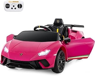 COSTWAY 12V Kids Electric Ride on Car with Remote Control, LED Lights, MP3, Music, Horn, Soft Start & Spring Shock Absorbers, Licensed Lamborghini Battery Powered Toy Vehicle for Boys Girls (Pink)