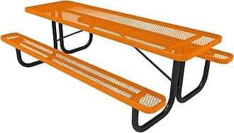 Coated Outdoor Furniture Heavy-Duty Portable Outdoor Picnic Table, Thermoplastic Coated Expanded Metal Commercial-Grade Patio Dining Furniture Made in America (8ft Rectangular, Orange)