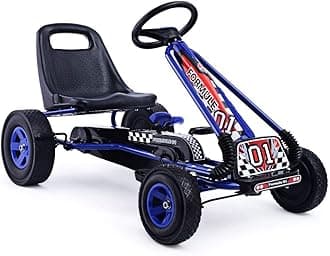 Go Kart for Kids, 4 Wheel Quad Off-Road Pedal On Foot Go Cart w/Steering Wheels & Adjustable Seat, 2 Safety Brakes, EVA Tires, Clutch, Outdoor Racer Ride On Pedal Car (Blue)