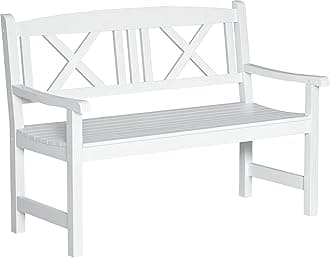 Outsunny Outdoor Wood Bench, 2-Person Garden Bench with Backrest and Armrest, Patio Bench for Yard, Lawn, Porch, White