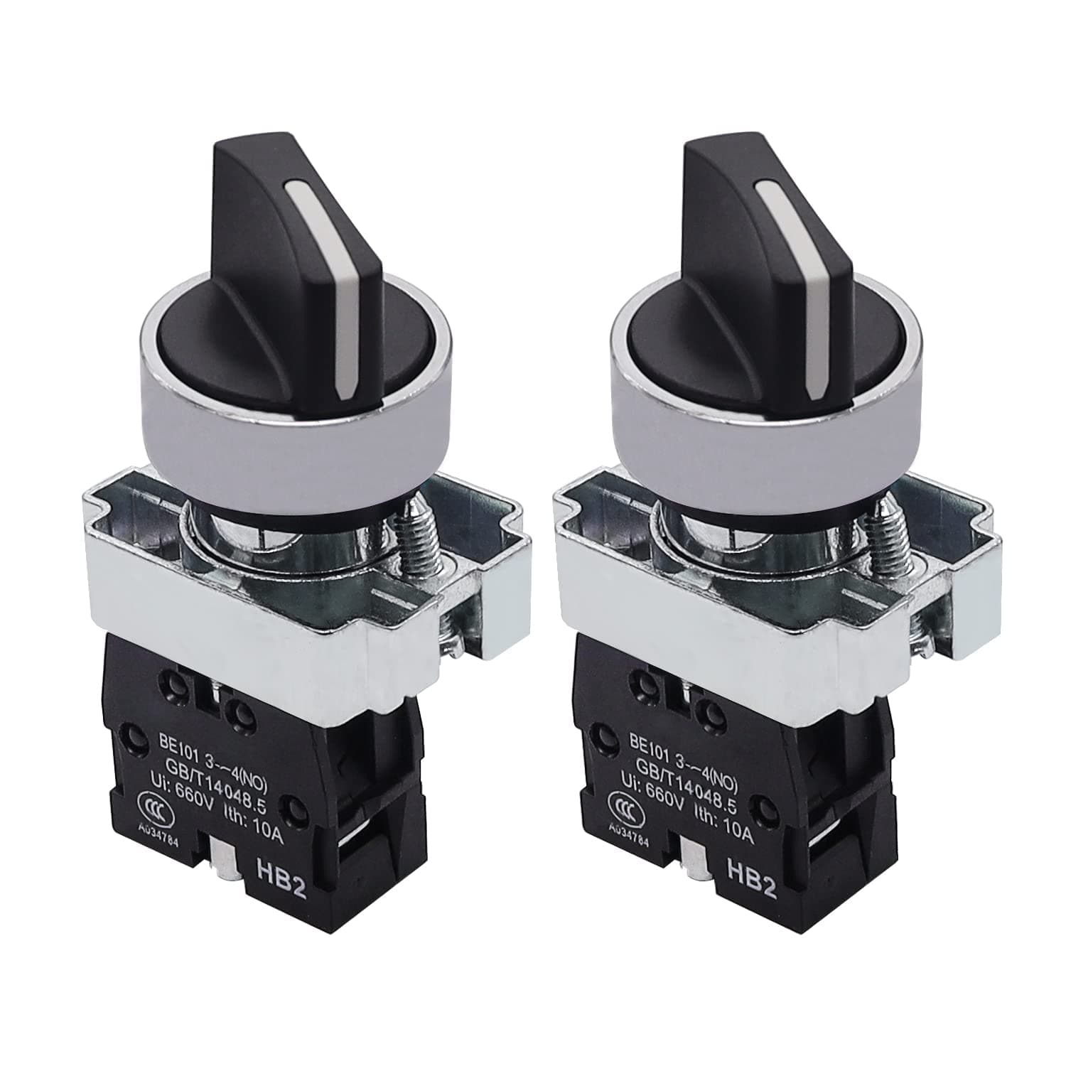 Taiss 2Pcs 22mm Selector Switch SPST 1 NO 2 Positions Maintained Latching Rotary Selector Switch 440V 10A XB2-10X/21-HB2-BD21