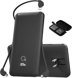 10000mAh Portable Charger with Built-in Cables and AC Wall Plug, USB C Fast Charging Power Bank with 3 Cords,5 Output External Battery Pack Compatible with iPhone,Tablet and All Smart Phones Black