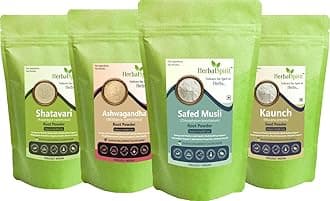 Herbal Spirit Aswagandha, Safed Musli, Kauch Ka Beej, Satavri Powder Powder | Ashwagandha Safed Musli Kaunch Beej Shatavari Powder | 100gm each (Pack of 4)