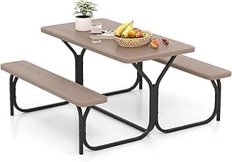 Picnic Table Bench Set Outdoor Camping All Weather Metal Base Wood-Like Texture Backyard Poolside Dining Party Garden Patio Lawn Deck Furniture Large Camping Picnic Tables for Adult