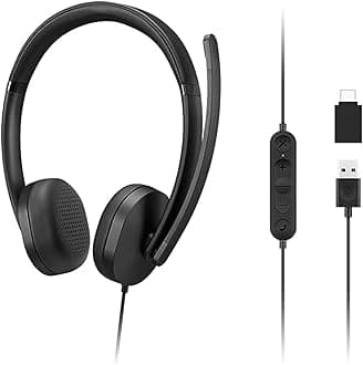 115 USB-A/USB-C Wired Stereo Headset, in-line Control Box. Lightweight, Noise Cancelling, USB-A to USB-C Adapter, Black