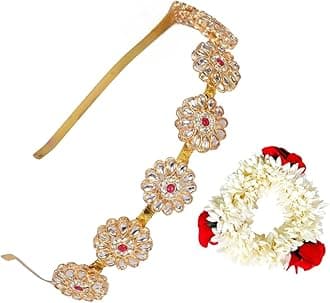 Red Floral Kundan Studded Matha Patti Sheesh Patti Maang tikka and Scented Mogra Gajra Hair Accessories for Women Hair Flower Artificial Scrunchies Band Wedding Jewelry Gifts (Combo Pack)