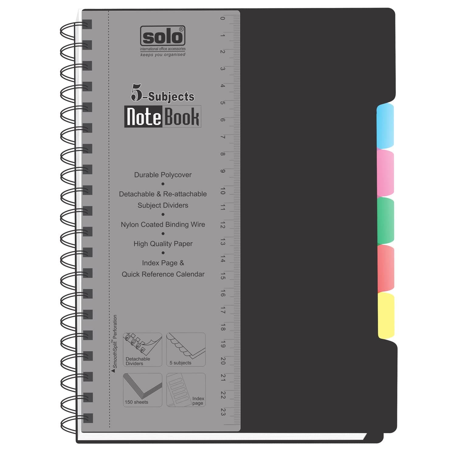 5 Subject Notebook – Dot Grid Ruling | B5 | 300 Pages, 70 GSM | Re-attachable Dividers, Monthly Planner, Storage Pocket & Card Slot | Smooth Writing Paper with Perforation | Detachable Scale