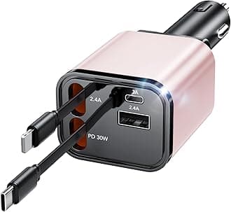 EloBeth Retractable Car Charger, 66W 4-in-1 Fast Charger, Retractable Cables [30W PD 3.0] & USB Car Charger, USB C Car Charger for iPhone 15/14/13/12/11, Galaxy, Pixel