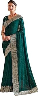 Satrani Women's Vichitra Silk Hot Fixing Embroidery Border Saree with Unstitched Blouse Piece
