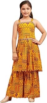 Aarika Girls Ethnic Wear Black Colour Printed/Mirror Lace Polyester Kurti Sharara Set