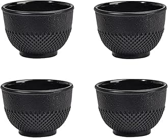 Sungmor Cast Iron Black Teacups, Set of 4 & 5 oz - Japanese Tea Cups with Enamel Interior, Traditional Gongfu Tea Set, Durable Heat-Retaining Tetsubin Style Drinkware