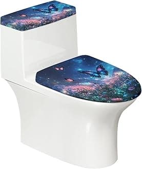 Butterfly Floral Toilet Lid Cover Mat & Tank Covers with Elastic Bottom Soft Machine Washable Stays in Place Women Bathroom Accessory Set
