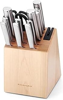 KitchenAid Gourmet 14 piece Forged Stainless Steel Knife Block Set with Built in Knife Sharpener, High Carbon Japanese Stainless Steel, Sharp Kitchen Knife Set with Block, Birchwood
