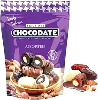 Chocodate Assorted Chocolate with Almond Simply Delicious Premium Quality Mixed Chocolate Coated Dates Crunchy Almond Filling Rich Multi Flavor Taste Gourmet Snack Luxury Gifting Treat Imported UAE 80g