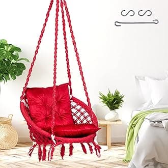 Patiofy Round Cotton Home Swing for Adults & Kids/Hammock Hanging Swing Chair for Balcony, Indoor & Outdoor/Capacity 120 Kgs/Includes Free Hanging Accessories & Red L Cushion/Handmade Home Jhula-Red