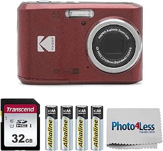 PIXPRO FZ45 16MP Digital Camera with 4X Optical Zoom 27mm Wide Angle and 2.7" LCD Screen Bundle with 32GB SD Memory Card, AA Batteries (4 Pack), Lens Cleaning Cloth (Red)
