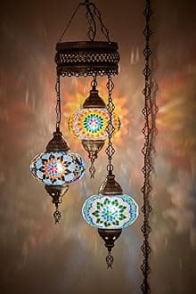 DEMMEX 3 Large Globe Plug-in Turkish Moroccan Mosaic Chandelier, Hanging Lamp, Ceiling Light Fixture with 15ft Cord & Chain for Living Room, Bedroom - Handmade, Customizable, 3.5 ft Drop