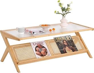 Tiita Rattan Coffee Table, Bamboo Accent Bedside Tables, Glass Nightstand Side Table, Boho Wooden End Table with Storage for Living Room,Living Room, Dining Room, Tea, Home Décor