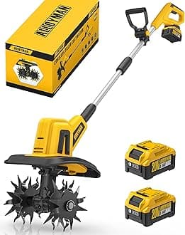 Alloyman 20V Cordless Tiller Cultivator, 360RPM Electric Garden Tiller, with 2 * 2.0Ah Batteries & Charger, 9In Tilling Width and 6.6In Depth Garden Rototiller for Lawn/Gardening/Soil Cultivation