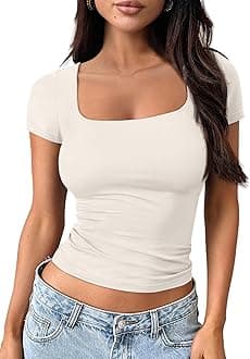 Trendy Queen Double Lined Short Sleeve Tshirts for Women Square Neck Cute Crop Top Spring Summer Basic Tees Workout Going Out
