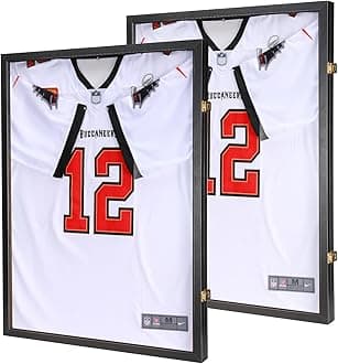 2 Packs Jersey Wooden Frame Display Case -Shadow Box with 98% UV Protection Acrylic and Hanger for Baseball Basketball Football Hockey Sport Shirt and Uniform Black