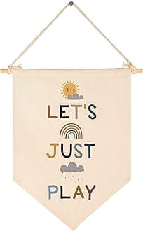 Let‘s Just Play-Canvas Hanging Pennant Flag Wall Sign Decor Gift for Baby Kids Gril Boy Nursery,Kids Room Playroom Decor- Sun,Rainbow, Dark Clouds, Rains