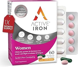 Active Iron Supplement 17 mg Multivitamin for Women - Clinically Proven to Increase Energy & Reduce Tiredness - Gentle, Non-Constipating Iron Women’s Multivitamin - 30 Capsules + 30 Tablets