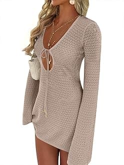 Swimsuit Cover Up for Women Crochet Bathing Suit 2026 Summer Swimwear V Neck Mesh Knit Dress Beach Vacation Clothes