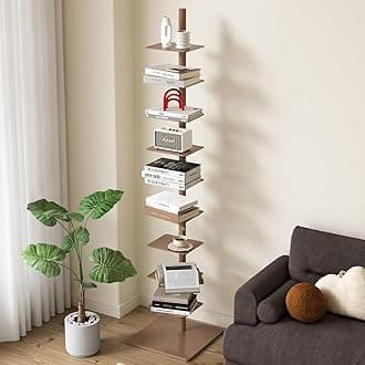 9-Tier Metal Spine Bookshelf -Spine Bookshelf, Tall Narrow Ladder Bookshelf, Vertical Spine Book Tower, Corner Bookshelf for Small Space, Multipurpose Display Book Shelf for Home Office (Coffee brown)