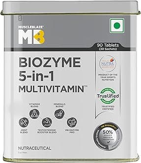 MuscleBlazeBiozyme Daily Multivitamin,90 Tablets,5-In-1 Supplement With Vitamins,Minerals,Patient Published Eaf,Trustified Certified For Higher Energy&Improved Performance Levels