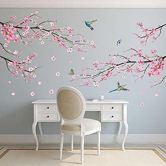 Pink Watercolor Cherry Blossom Wall Stickers - Tree Branch Flower Birds Wall Decals - Bedroom Living Room Sofa TV Background Home Wall Decor
