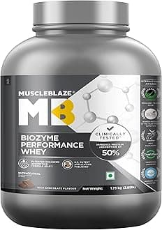 MuscleBlaze Biozyme Performance Whey Protein Powder, Rich Chocolate (1.75kg / 3.85lbs) | 25g Protein Per Scoop | Clinically Tested 50% Higher Protein Absorption