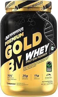 Bigmuscles Nutrition Premium Gold Whey [1Kilogram] | Informed Choice UK Certified | Isolate Whey Protein Blend | 25G Protein | 11G EAA | Prohydrolase Enzyme Technology [Vanilla Creme], 37 Grams