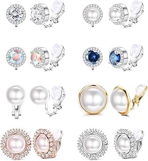 TOMVAES8 Pairs Clip Earrings Sets for Women Fashion Cubic Zirconia CZ Crystal Freshwater Pearl Earrings Hypoallergenic Non Pierced Clip on Earrings Jewelry