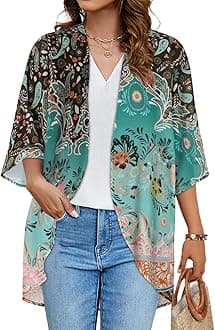 Women's Floral Print Puff Sleeve Kimono Cardigan Loose Cover Up Casual Blouse Tops